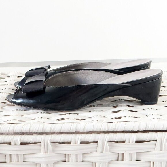 Stuart Weitzman Black Patent Leather Peep Toe Low Heel Mules Slip-on Pump Shoe 8 - Picture 2 of 16